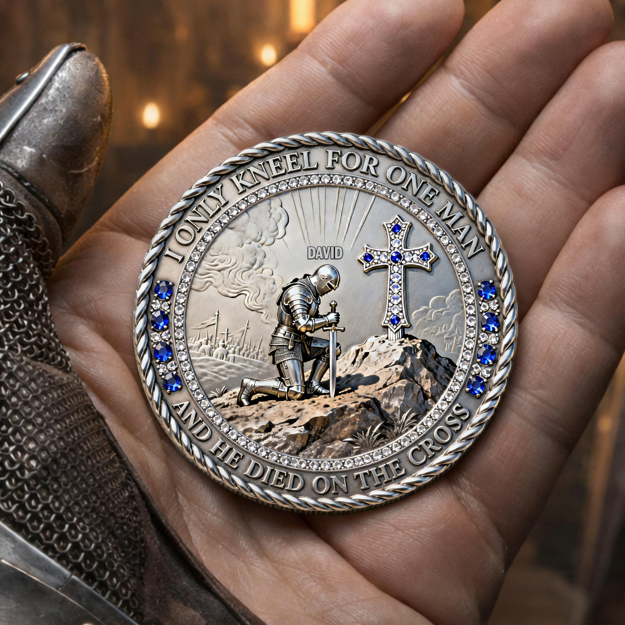 Knight Templar Kneeling Before A Cross Printed Metal Coin - Personalized Gifts For Christians 