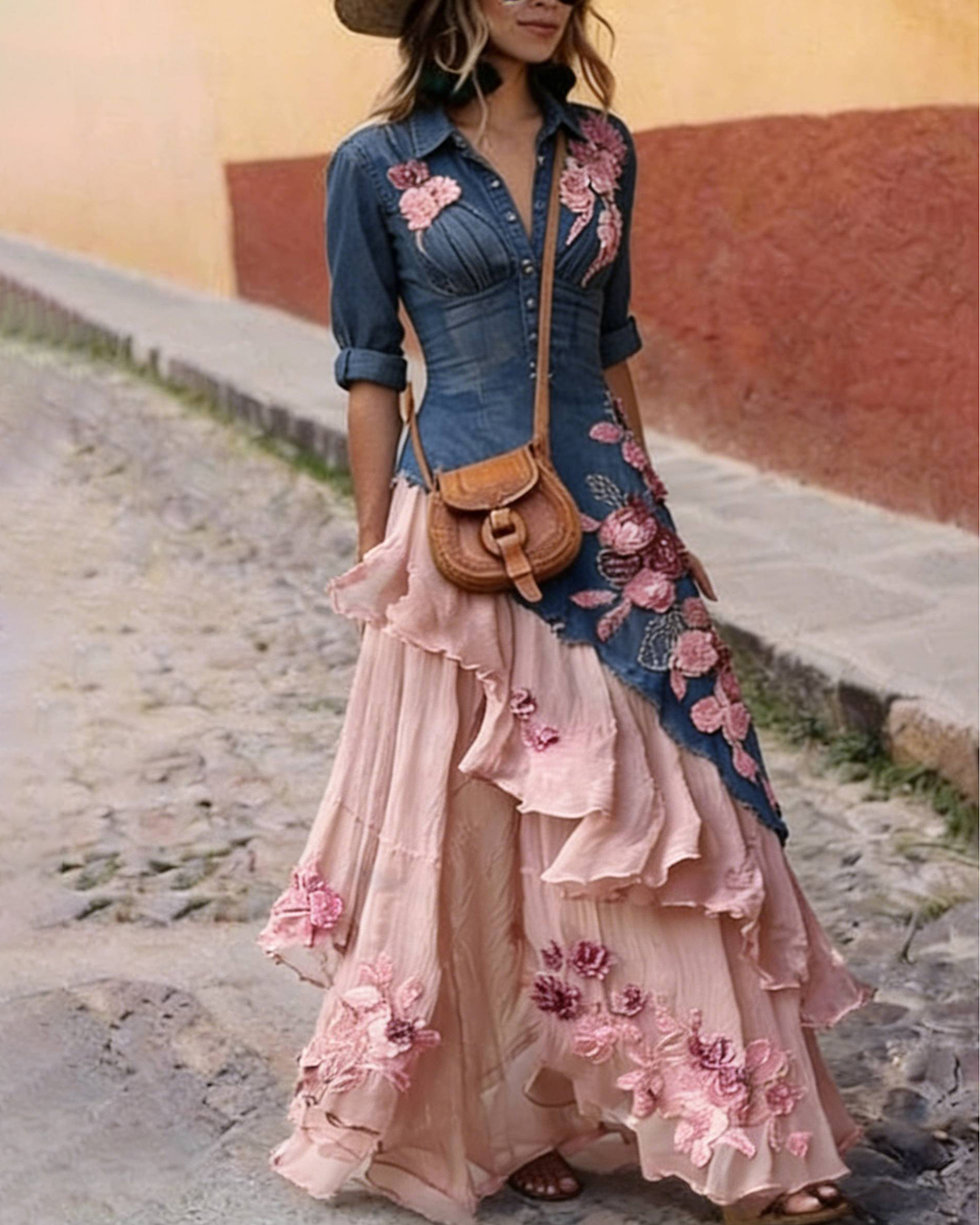 Women's Elegant Flowers Embroidery Irregular Ruffle Linen Patchwork Dress 4734