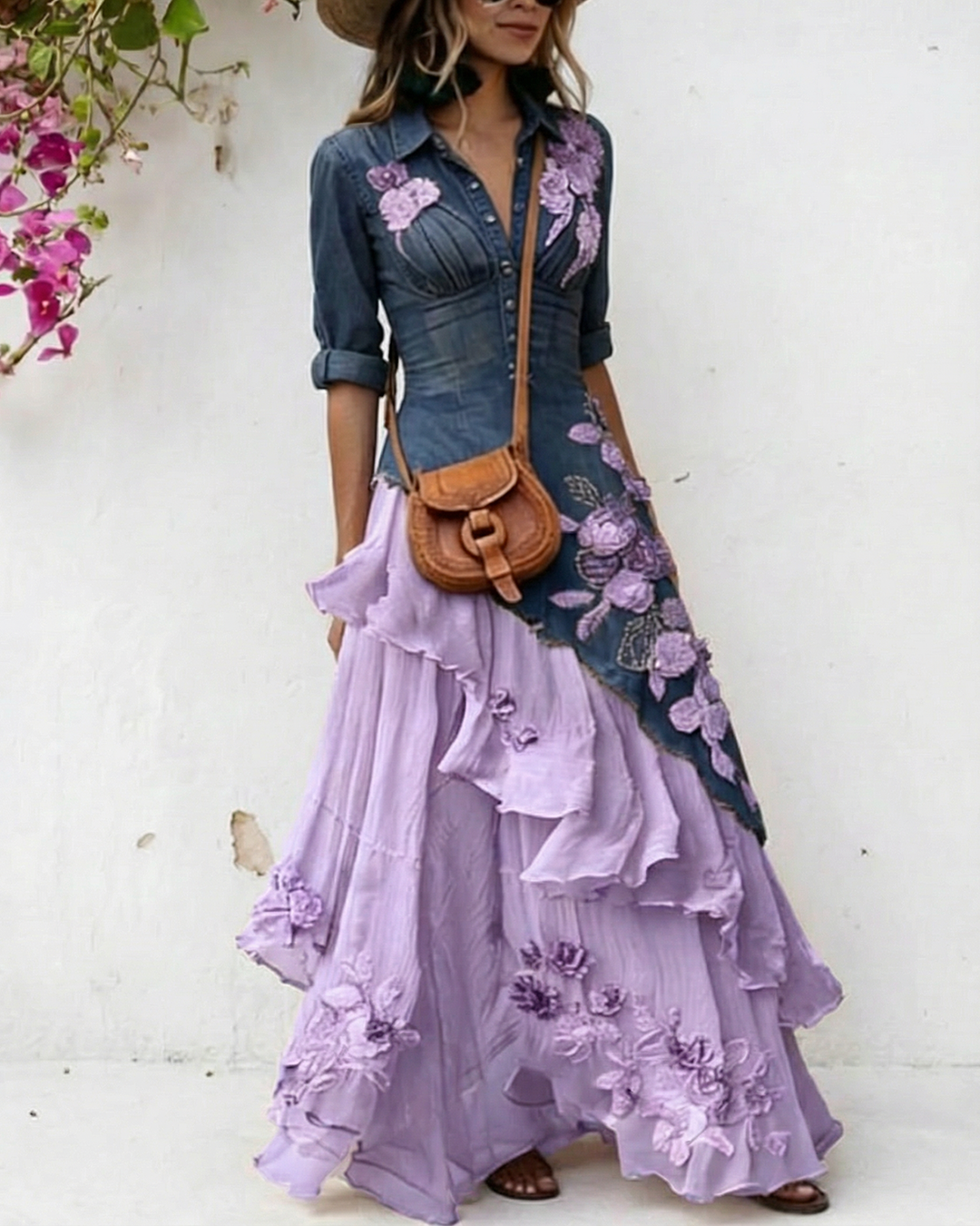 Women's Elegant Flowers Embroidery Irregular Ruffle Linen Patchwork Dress 4734