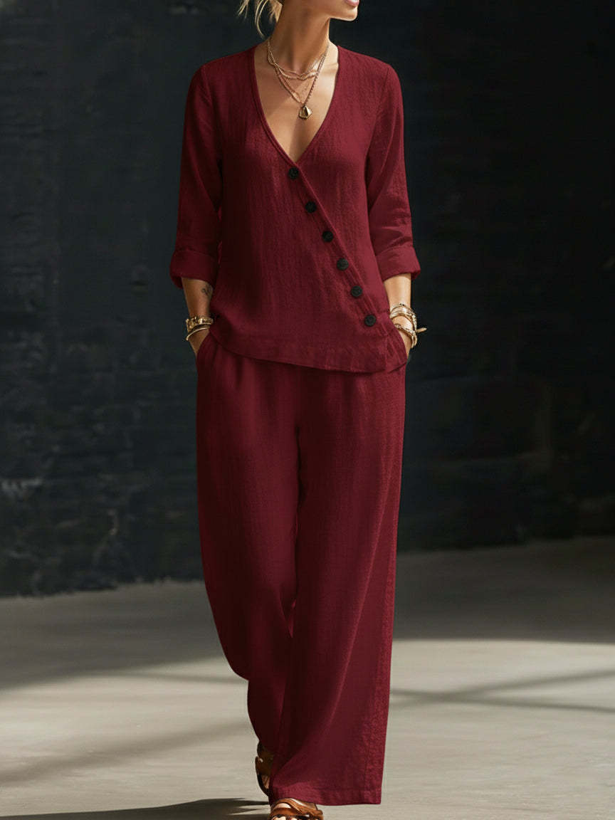 Minimalist V-neck Shirt And Wide-leg Pants Two-piece Set