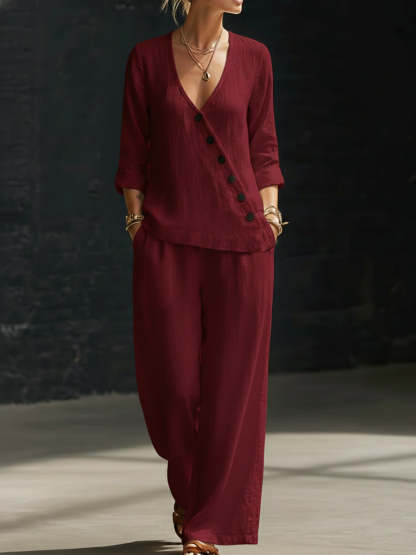 Minimalist V-neck Shirt And Wide-leg Pants Two-piece Set