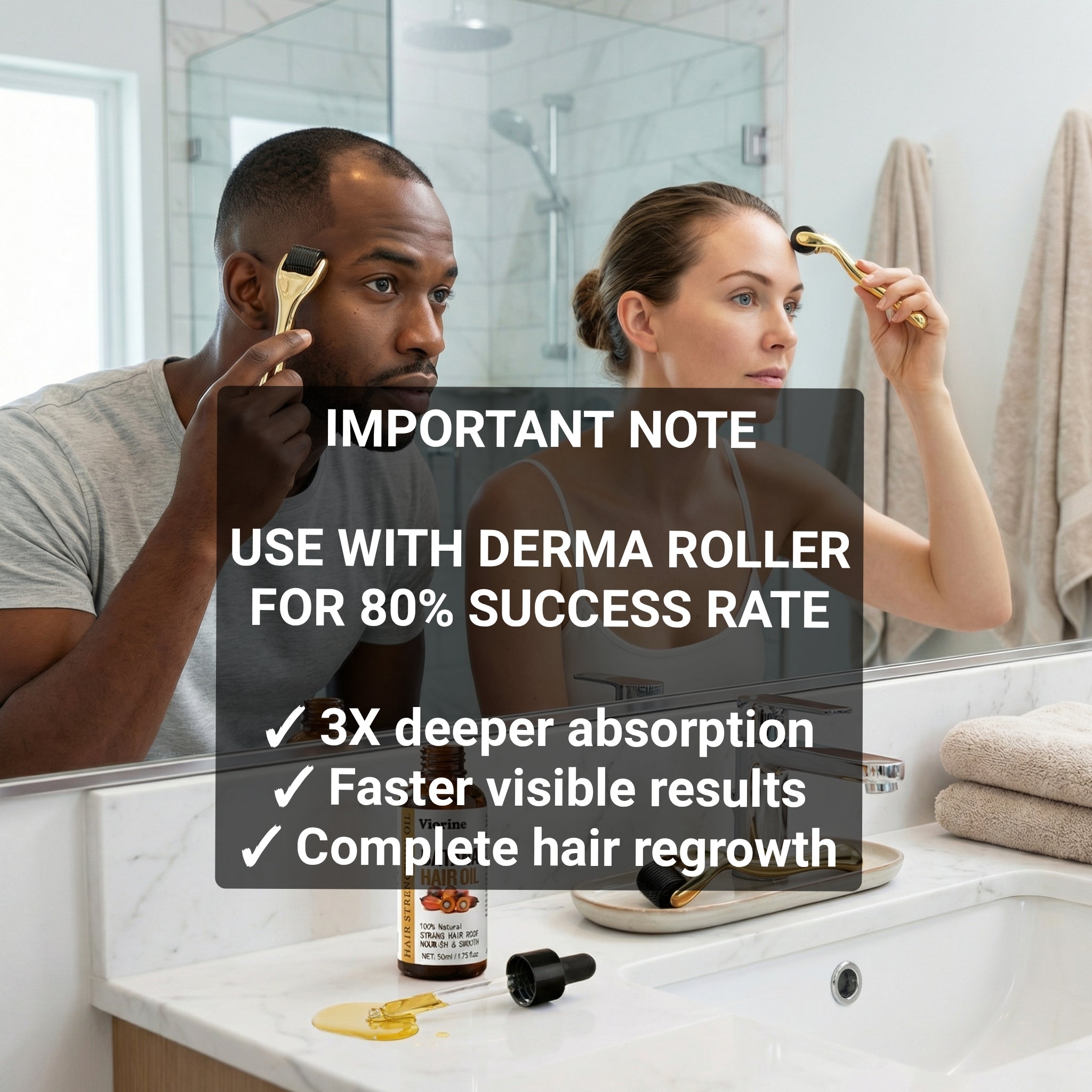 Two people using a derma roller on themselves in a bathroom setting with text about its effectiveness.