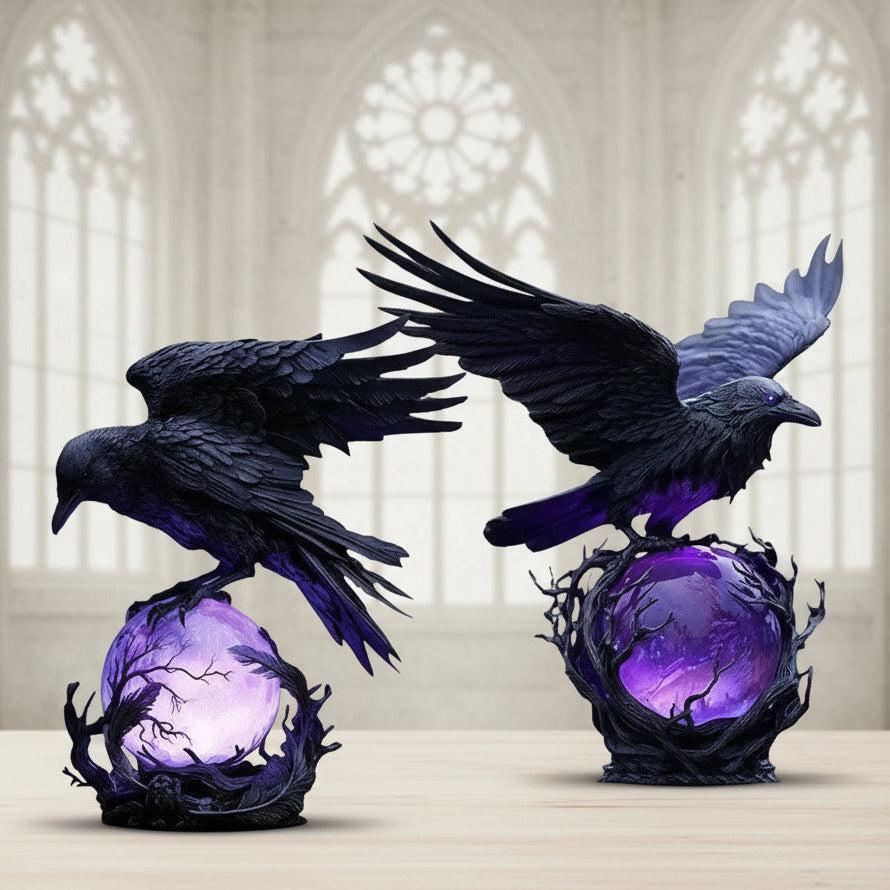 Mysterious Raven Moonlight Gothic LED Lamp Hand-Crafted Dark Art Crow Sculpture on Purple Glow Sphere Halloween Night Light