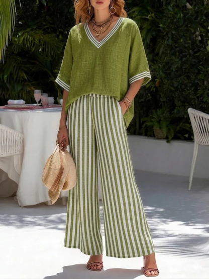 New Arrivals🔥 Cozy Loose-fit V Neck Striped Cotton Linen Two-piece Set