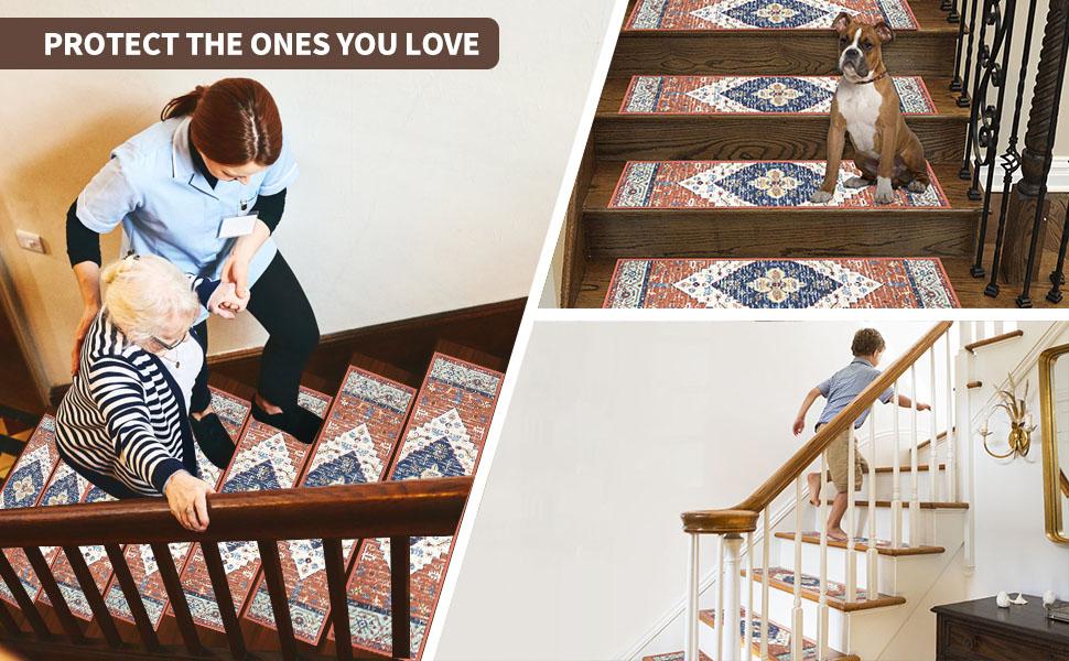 HEBE Non Slip Chenille Stair Runner Rug for Wooden Steps, 8"x30" Indoor Reusable Soft Machine Washable Home Accessory, Anti Slip Adhesive House Decor Mats for Pets, Machine Washable Rug