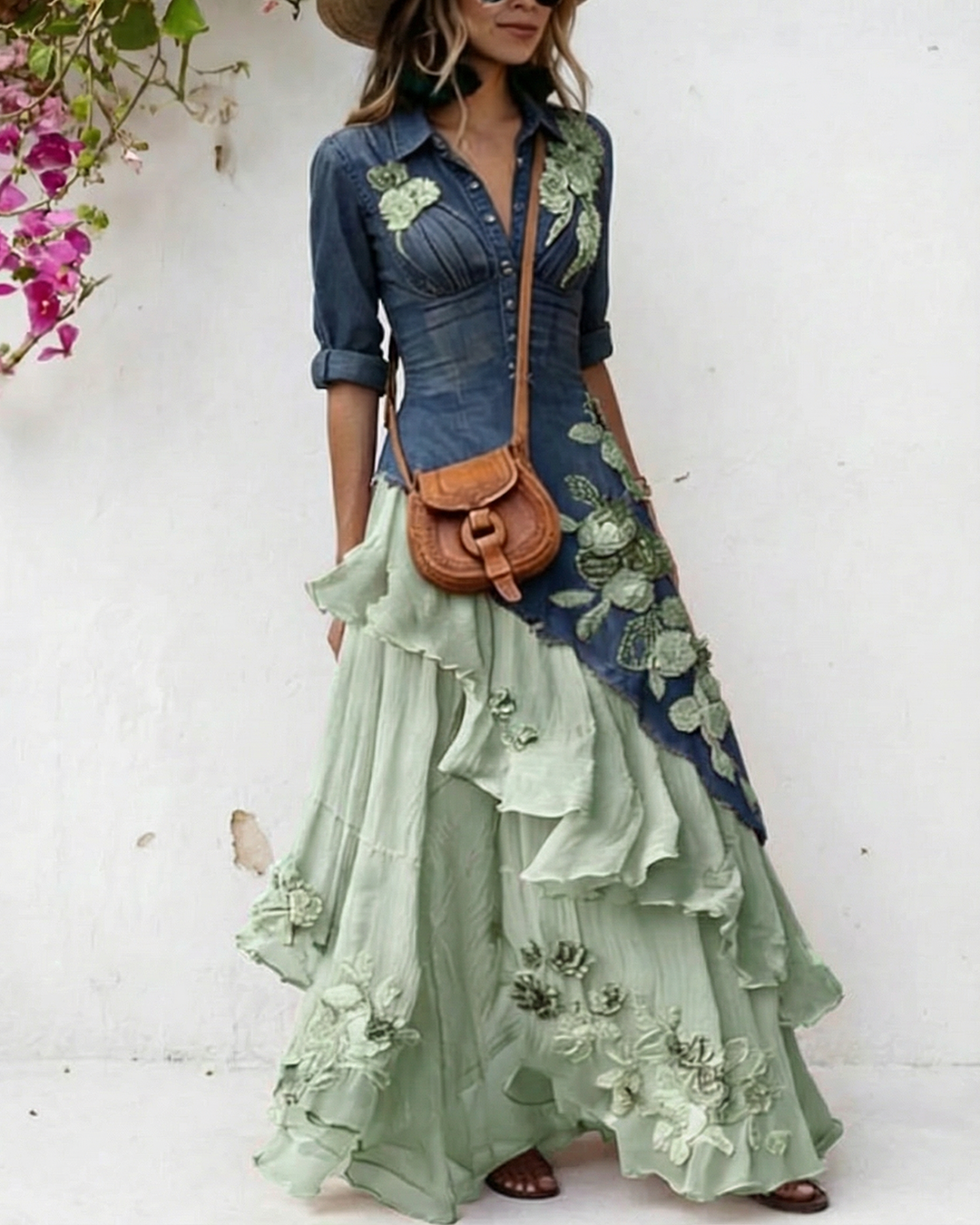 Women's Elegant Flowers Embroidery Irregular Ruffle Linen Patchwork Dress 4734