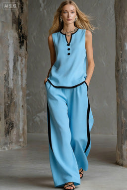 Sleeveless V-Neck Black Trim Contrast Color Simple Womens Top And Wide-Leg Pants Set
