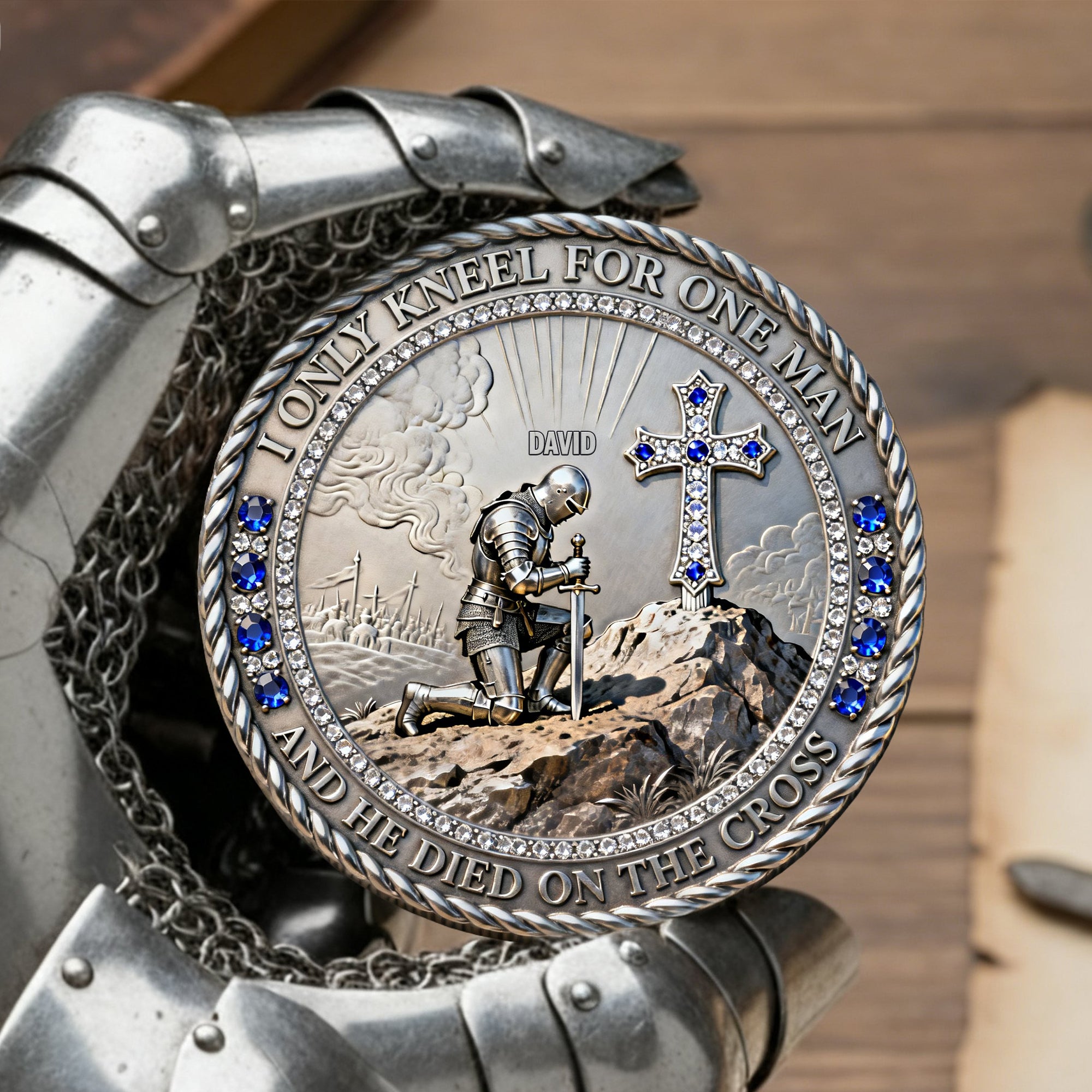Knight Templar Kneeling Before A Cross Printed Metal Coin - Personalized Gifts For Christians 