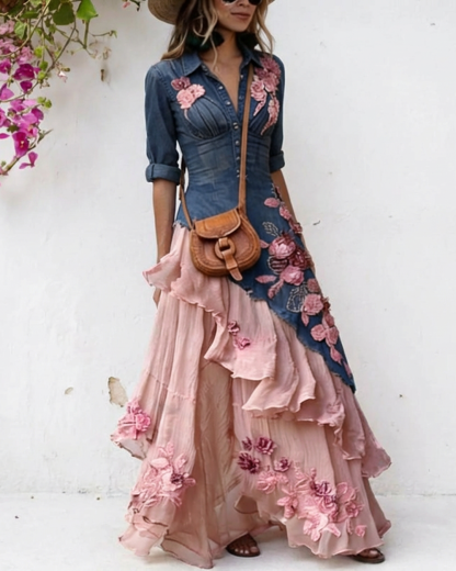 Women's Elegant Flowers Embroidery Irregular Ruffle Linen Patchwork Dress 4734