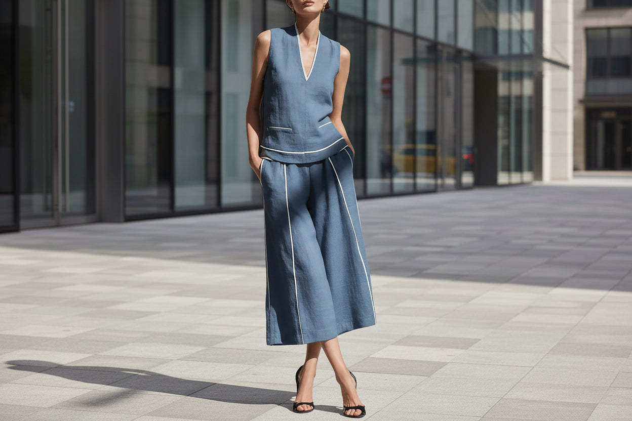 Women's Sleeveless Linen Shirt & Cropped Pants Set – Casual 2-Piece Outfit