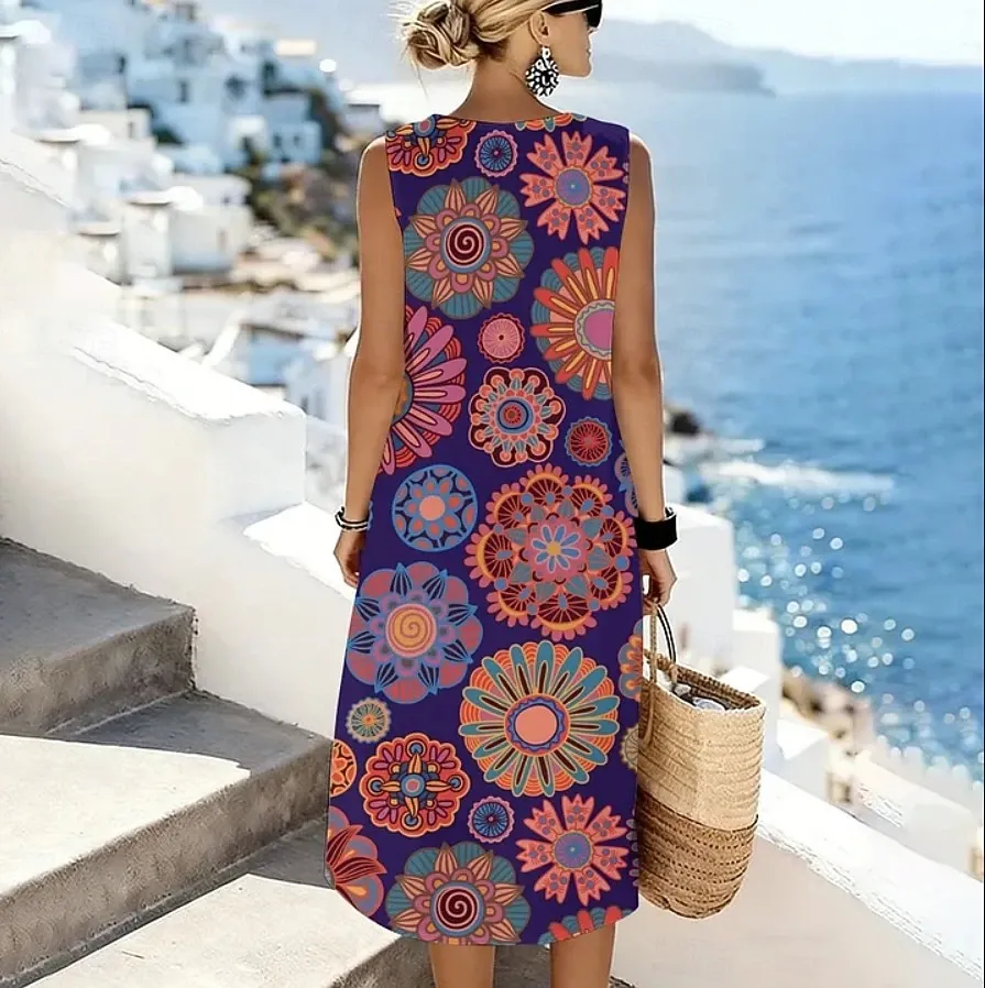  Women's Midi Dress Shift Dress Sundress A Line Dress Vacation Casual Boho Beach Going out Regular Fit Graphic Geometric Sleeveless Crewneck Purple Gray Summer Spring