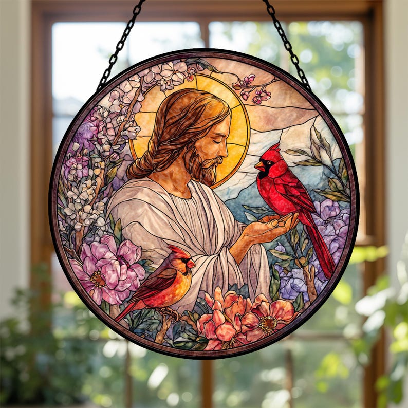 Jesus With Cardinals Stained Glass Suncatcher: Memorial Gift, Christian Window Hanging, Jesus Christ Decoration, Religious Christmas Decor