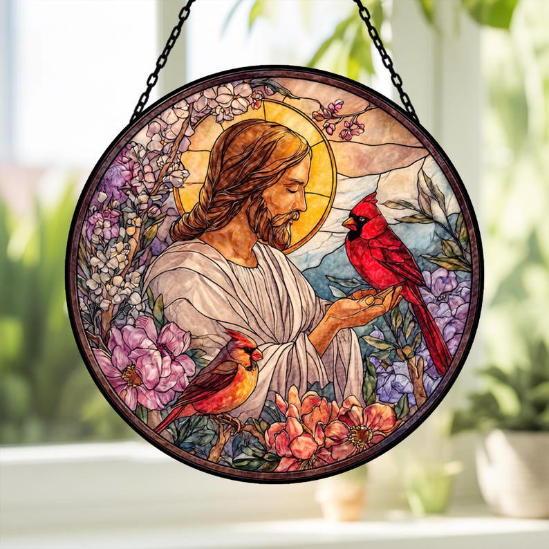 Jesus With Cardinals Stained Glass Suncatcher: Memorial Gift, Christian Window Hanging, Jesus Christ Decoration, Religious Christmas Decor