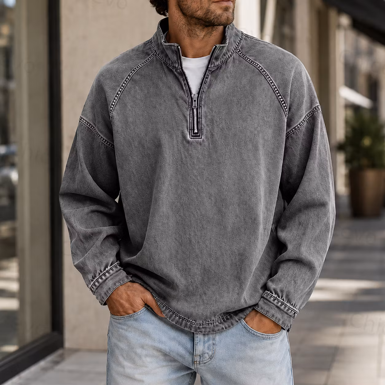 Men's Vintage Washed Quarter Zip Pullover Casual Stand Collar Sweatshirt