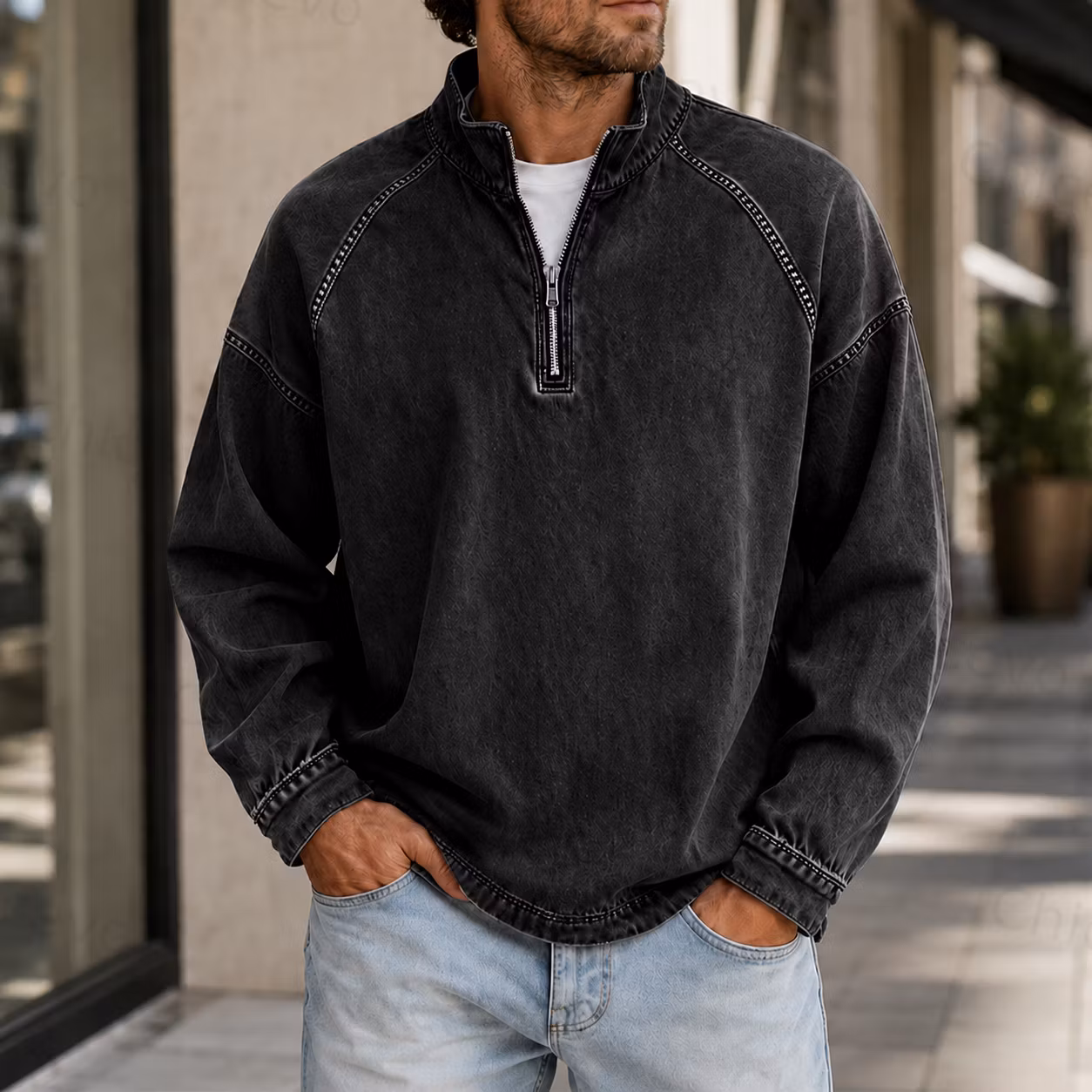 Men's Vintage Washed Quarter Zip Pullover Casual Stand Collar Sweatshirt