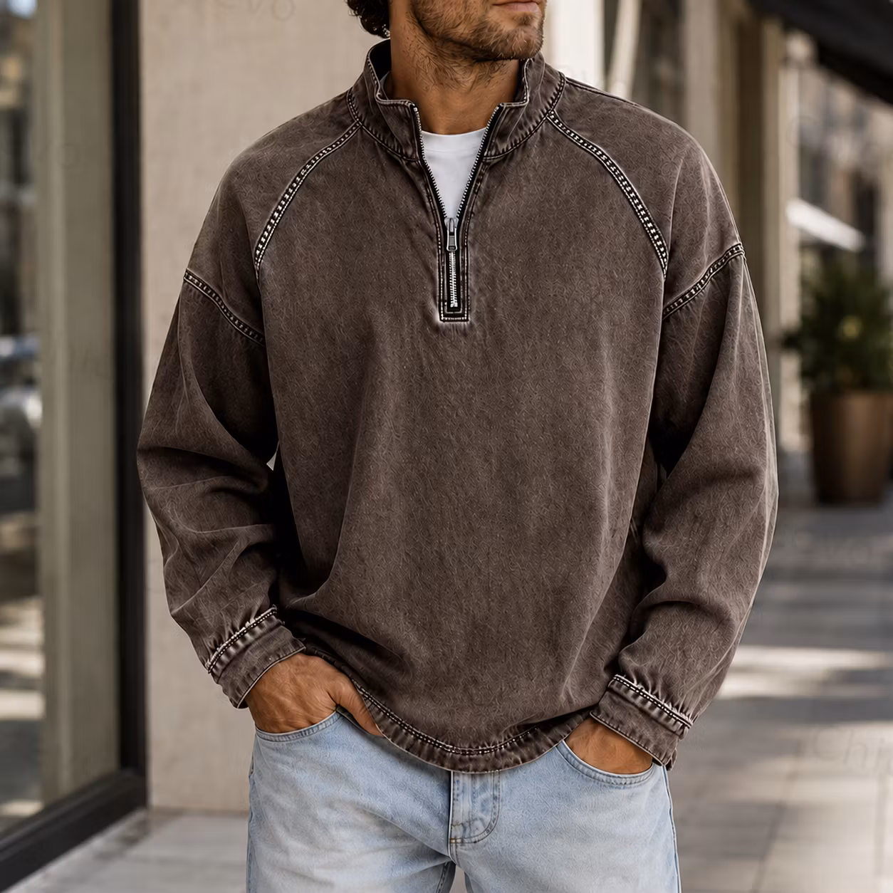 Men's Vintage Washed Quarter Zip Pullover Casual Stand Collar Sweatshirt