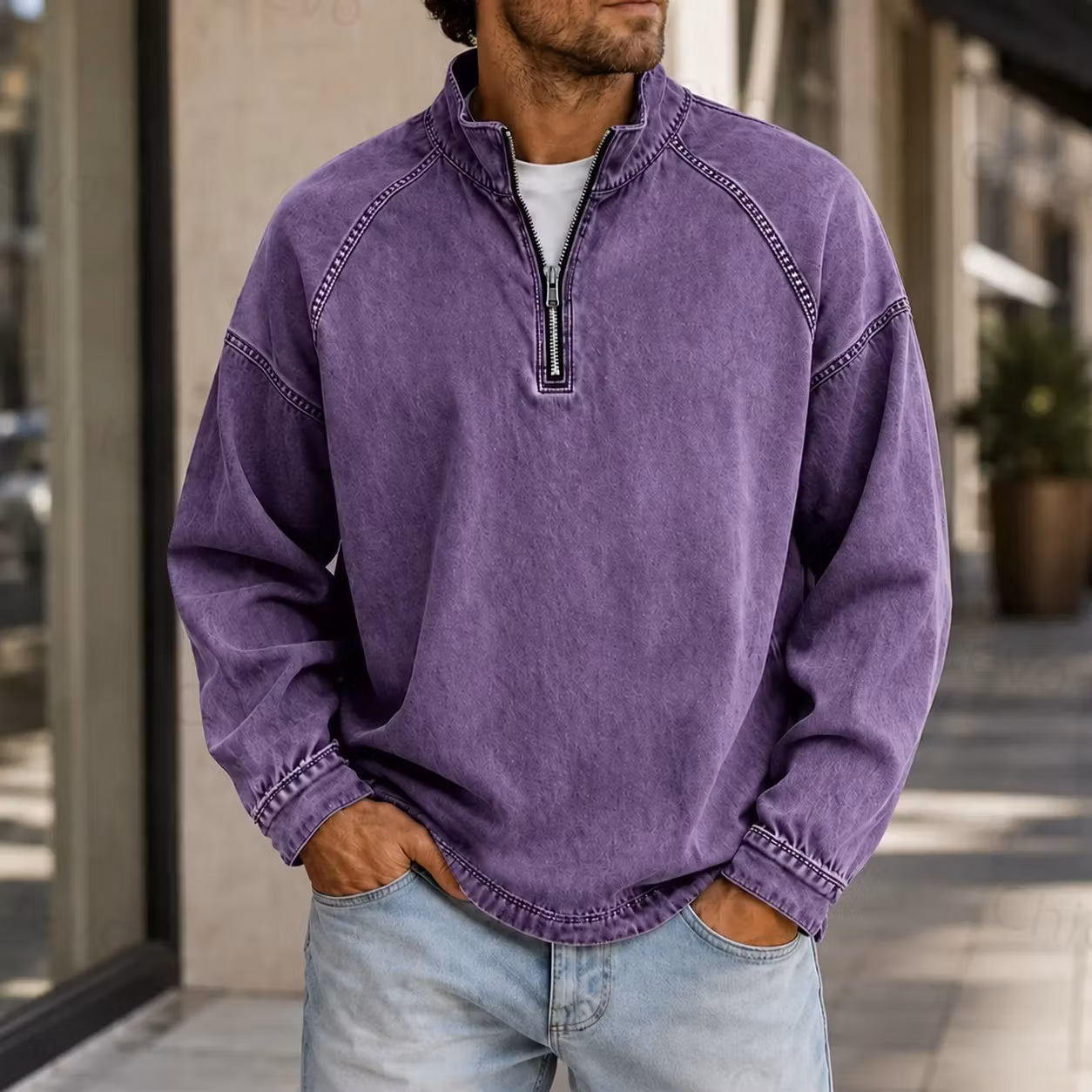 Men's Vintage Washed Quarter Zip Pullover Casual Stand Collar Sweatshirt