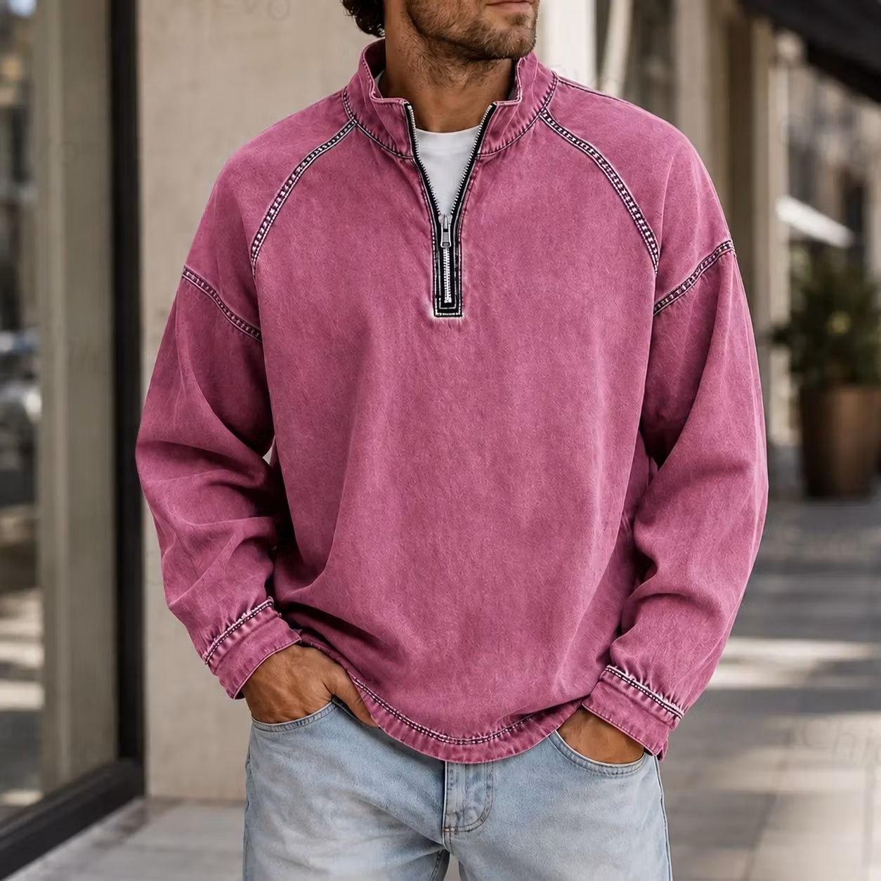 Men's Vintage Washed Quarter Zip Pullover Casual Stand Collar Sweatshirt