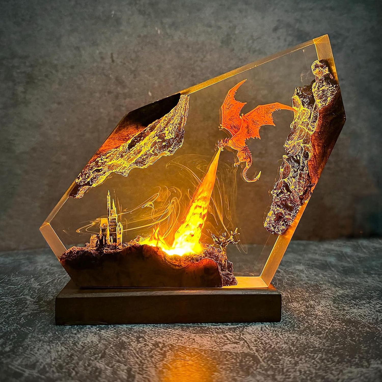 🐉 Dragon Resin Lamp - Amber Flame Glow Wooden Base LED Light