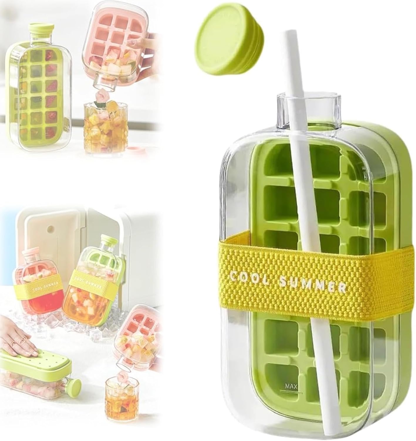 🧊 2-in-1 Ice Cube Water Bottle | No-Touch Ice Tray with Lid & Ice Storage Box, Silicone Press Ice Maker