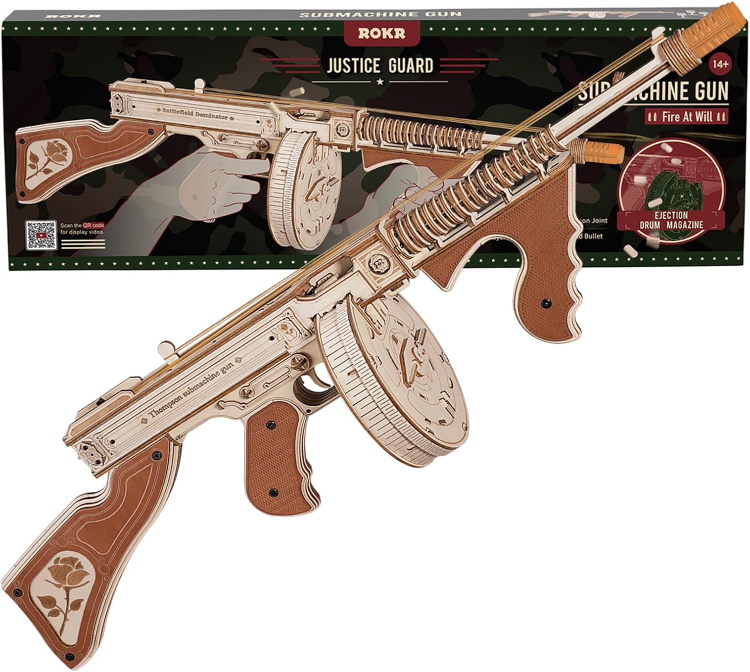 🔫 3D Wooden Puzzle Thompson Submachine Gun - Rubber Band Toy for Adults, Collectible Assembled Model