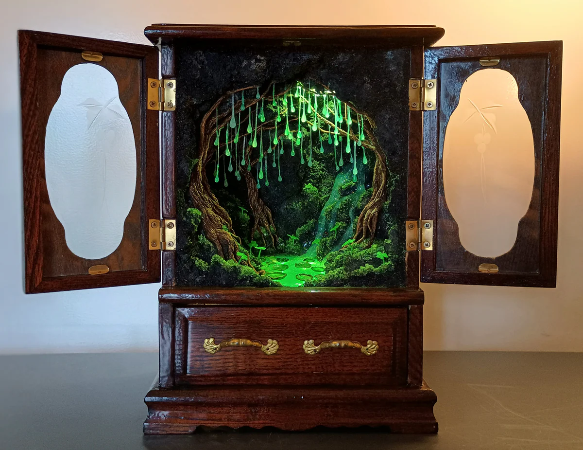 ✨ Glimmering Glade Music Box - Handcrafted Wooden Secret Cave Music Box with LED Lights & Epoxy Waterfall