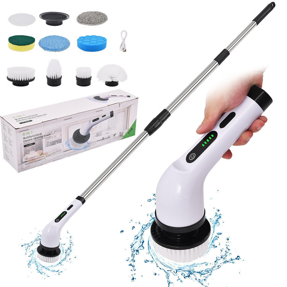 🧽 Electric Rotating Cleaning Brush | Wireless Cordless Scrubber with 9 Replaceable Heads & Adjustable Extension Handle