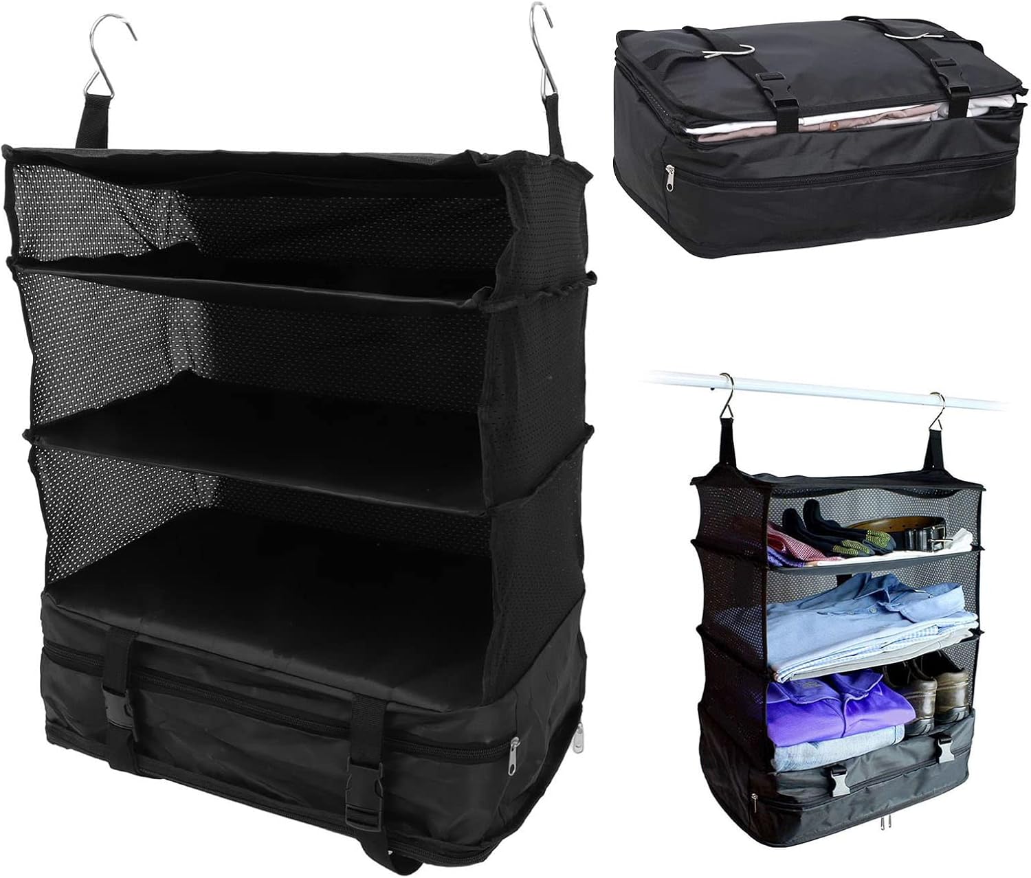 🧳🖤 Black Canvas 3-Tier Hanging Travel Storage Organizer Bag