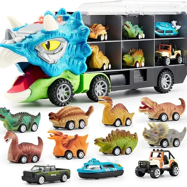 🦕 13-in-1 Dinosaur Transport Truck Set | 12 Pull Back Cars + 3 Alloy Cars for Boys 3+
