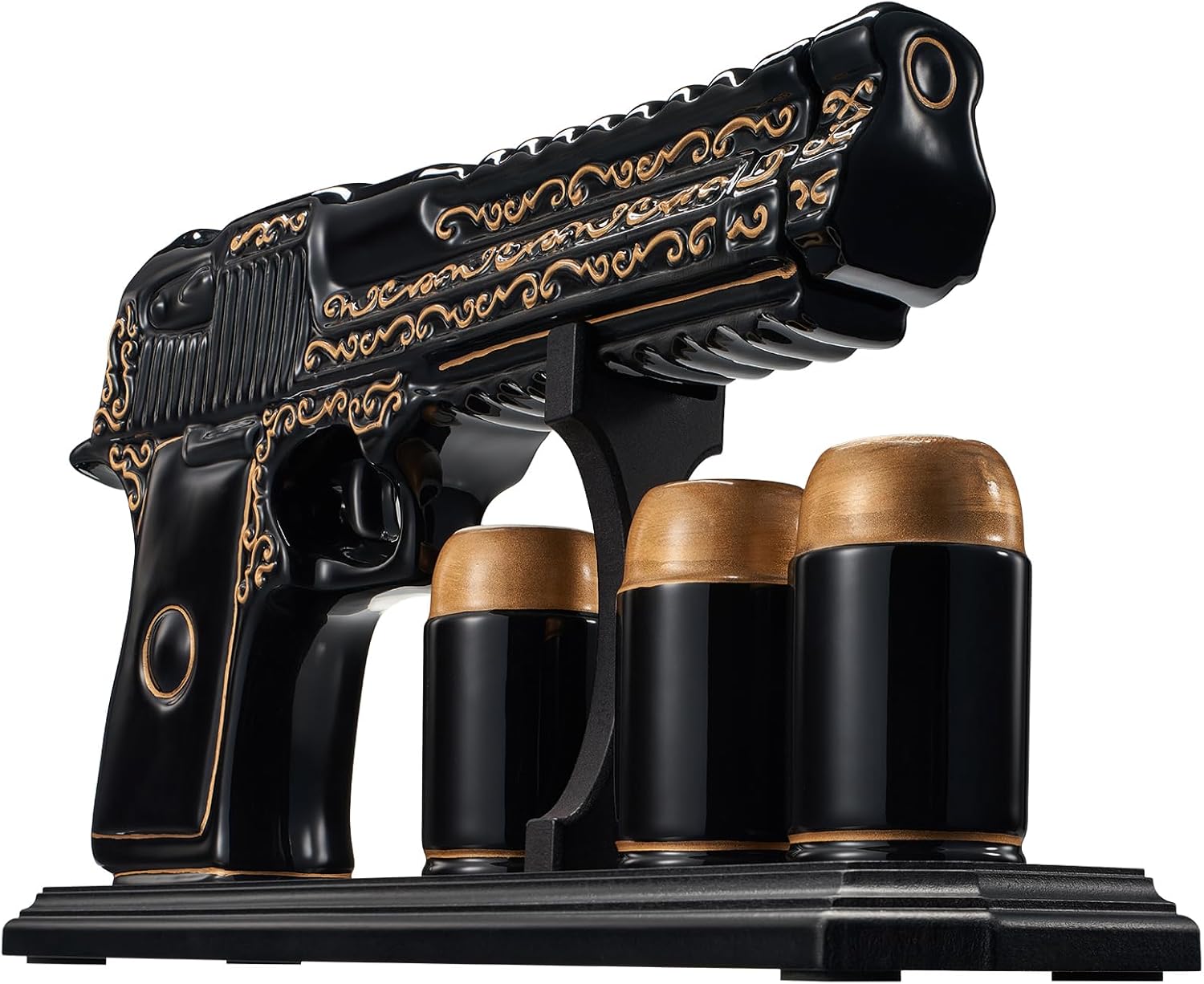 🔫🎁 Hand-Painted Gun Shaped Whiskey Decanter Set Black & Gold