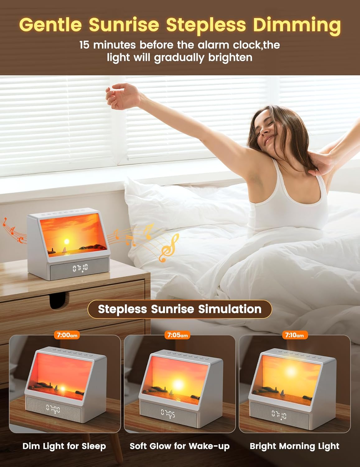 🌅 Sunrise Alarm Clock for Heavy Sleepers - White Noise, Bluetooth & Dimmable Night Light