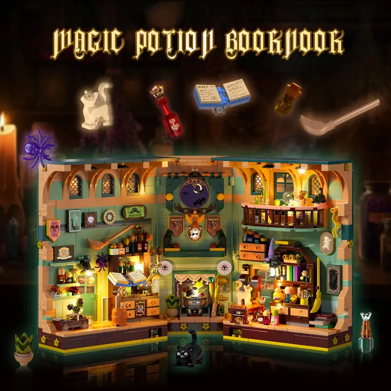✨ Magic Potion Book Nook Block Set - DIY Alchemy Bookend with Lights 🧙♀️