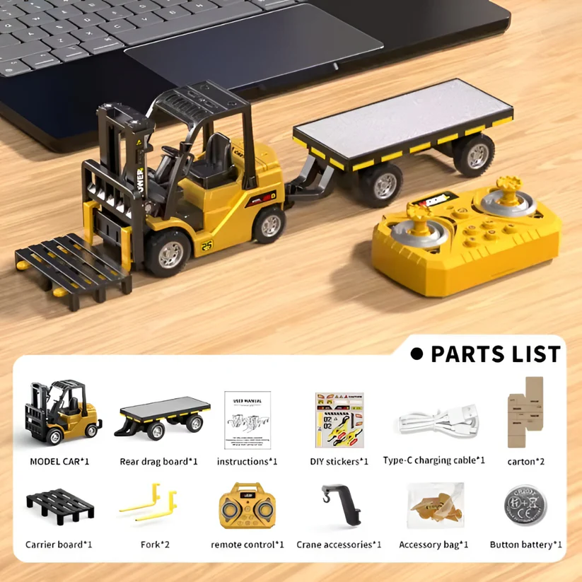 🚜 Mini Forklift Toy - Metal Construction 8-Function RC Forklift for Creative Play