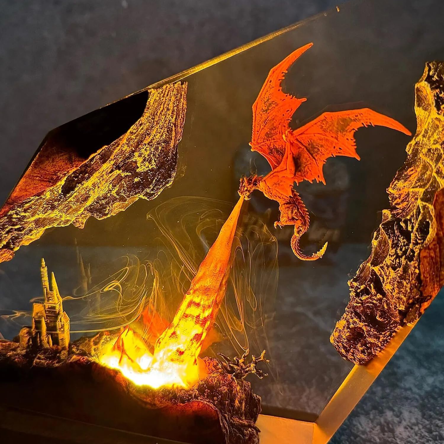 🐉 Dragon Resin Lamp - Amber Flame Glow Wooden Base LED Light