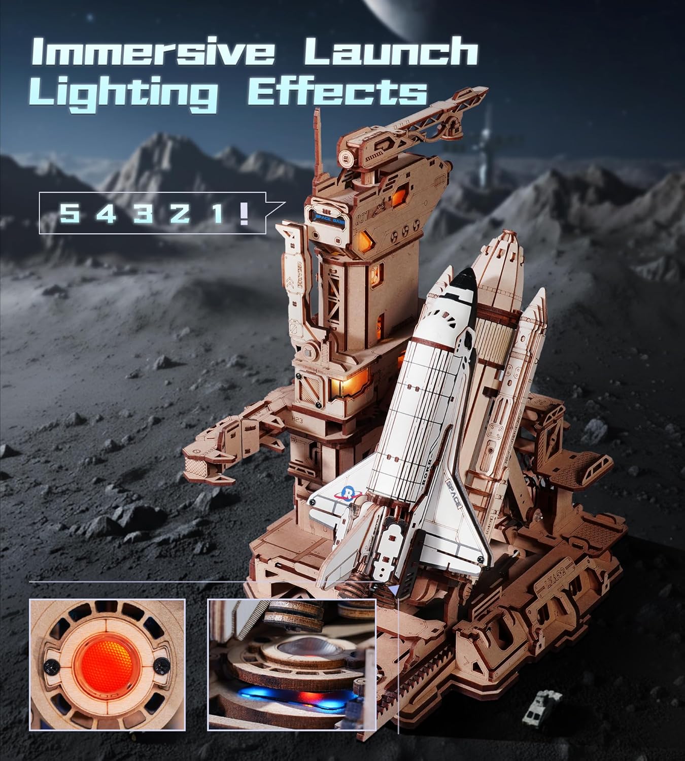 🚀 Space Shuttle 3D Wooden Puzzle - Mechanical Model with LED Lights & Launch Simulation