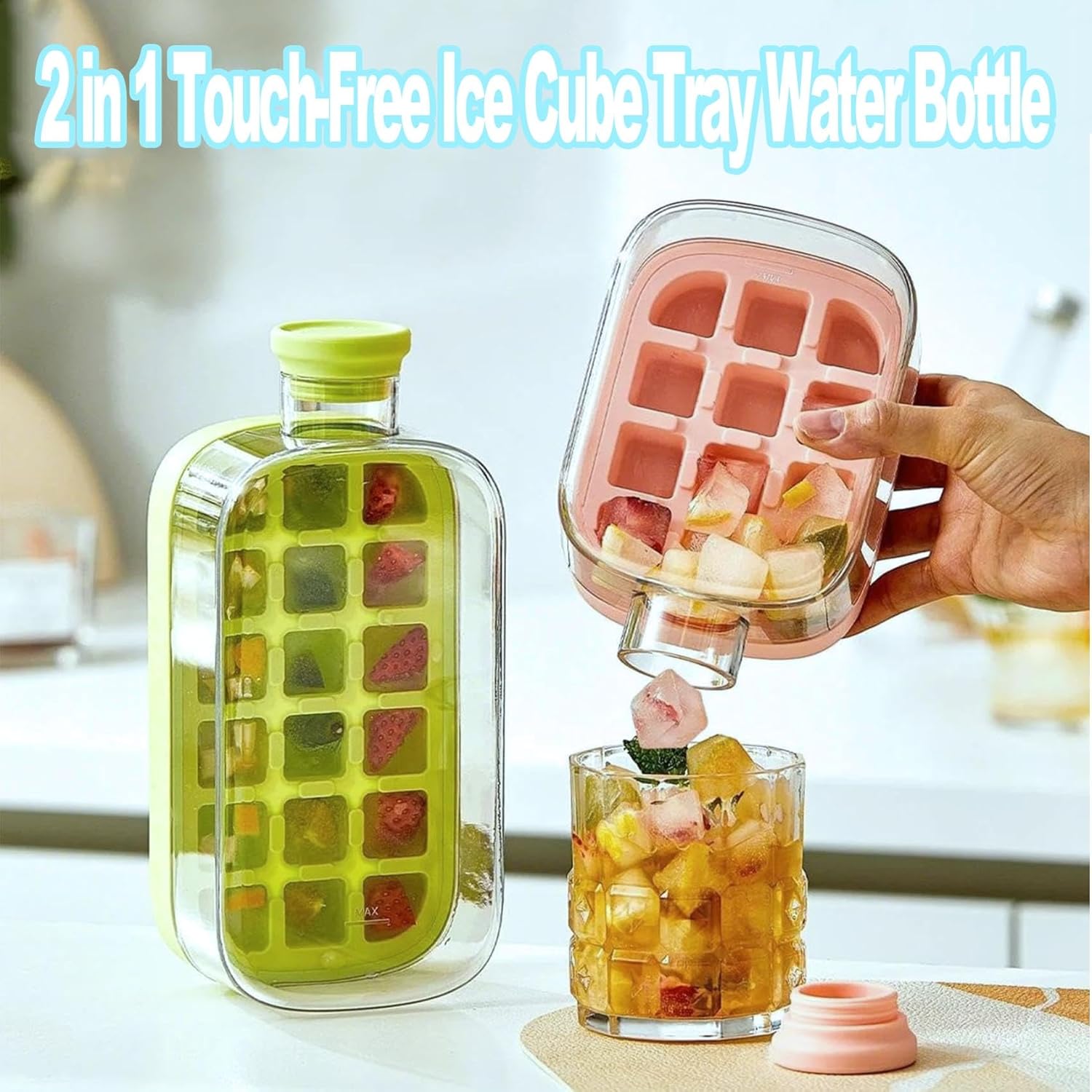 🧊 2-in-1 Ice Cube Water Bottle | No-Touch Ice Tray with Lid & Ice Storage Box, Silicone Press Ice Maker