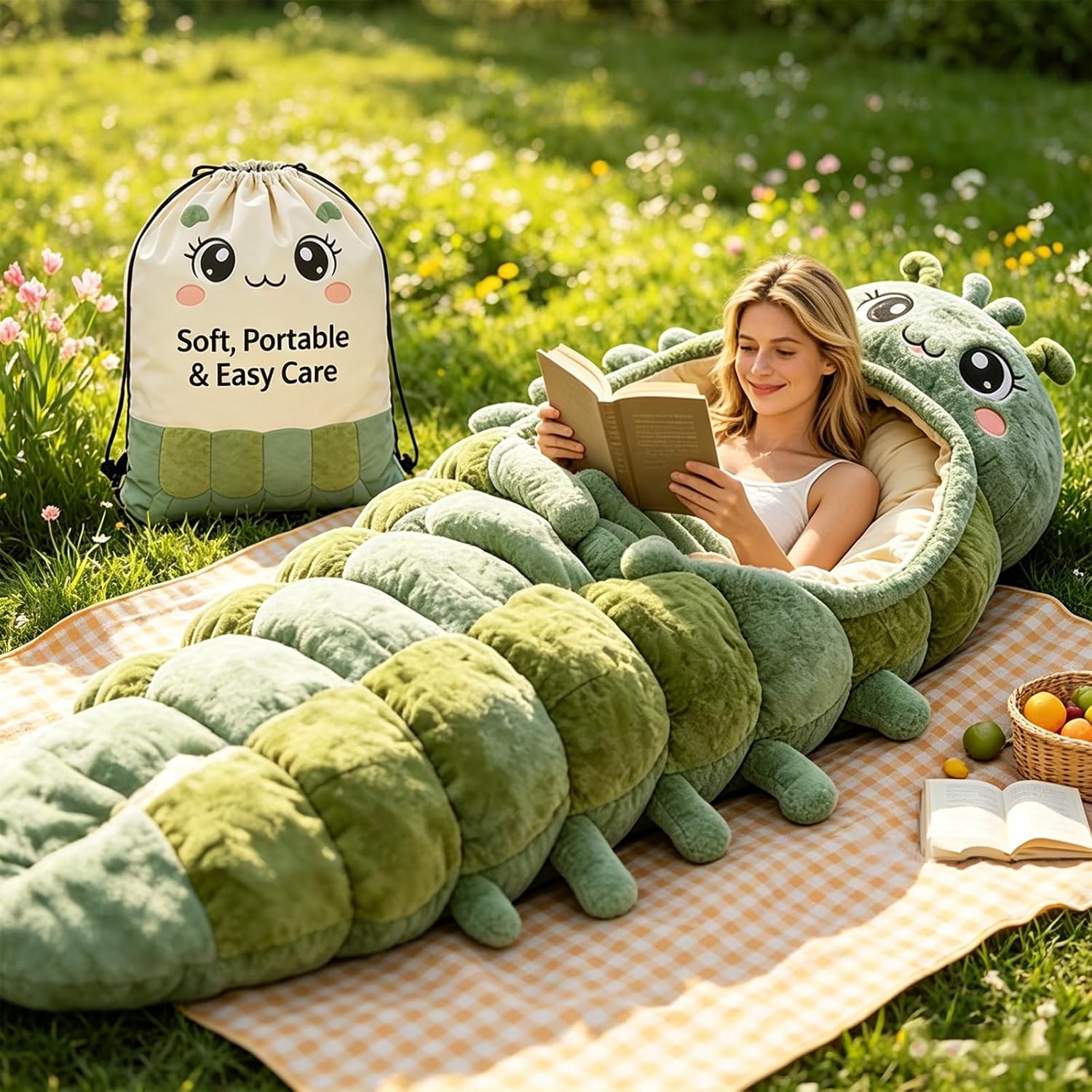 🐛 Caterpillar Plush Sleeping Bag | Cocoon Lounger with Drawstring, Indoor Nap Nest for Adults