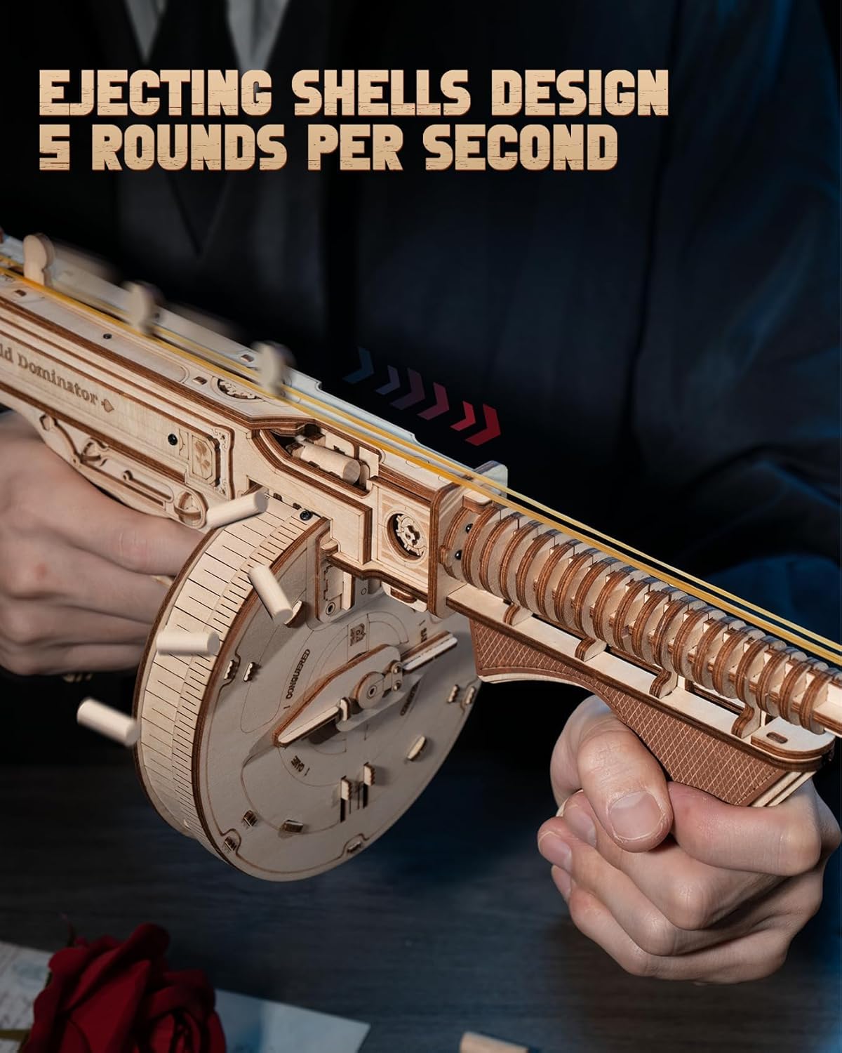 🔫 3D Wooden Puzzle Thompson Submachine Gun - Rubber Band Toy for Adults, Collectible Assembled Model