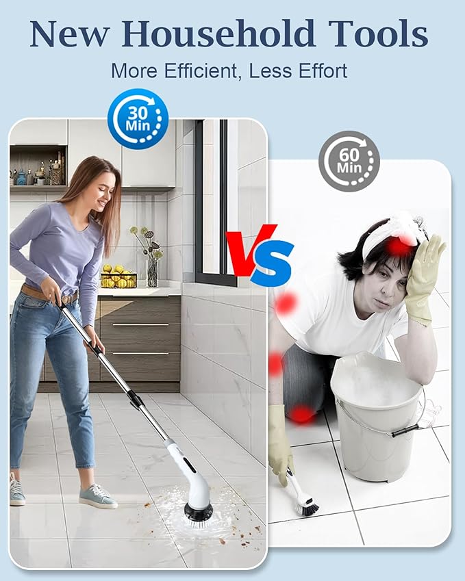 🧽 Electric Rotating Cleaning Brush | Wireless Cordless Scrubber with 9 Replaceable Heads & Adjustable Extension Handle