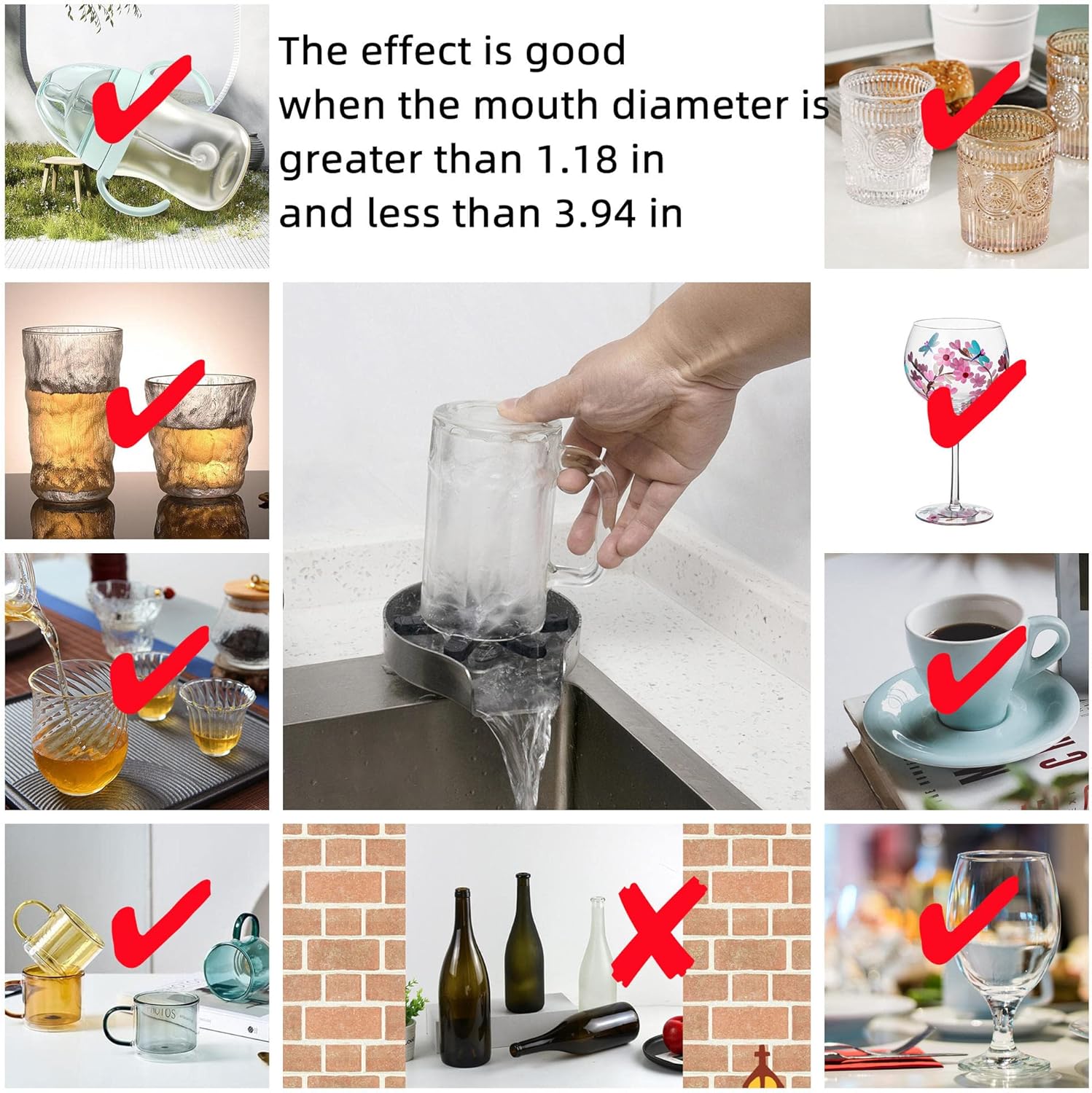 🧽 Kitchen Sink Glass Rinser | Stainless Steel Cup Washer, Sink Accessory with 9 Water Holes