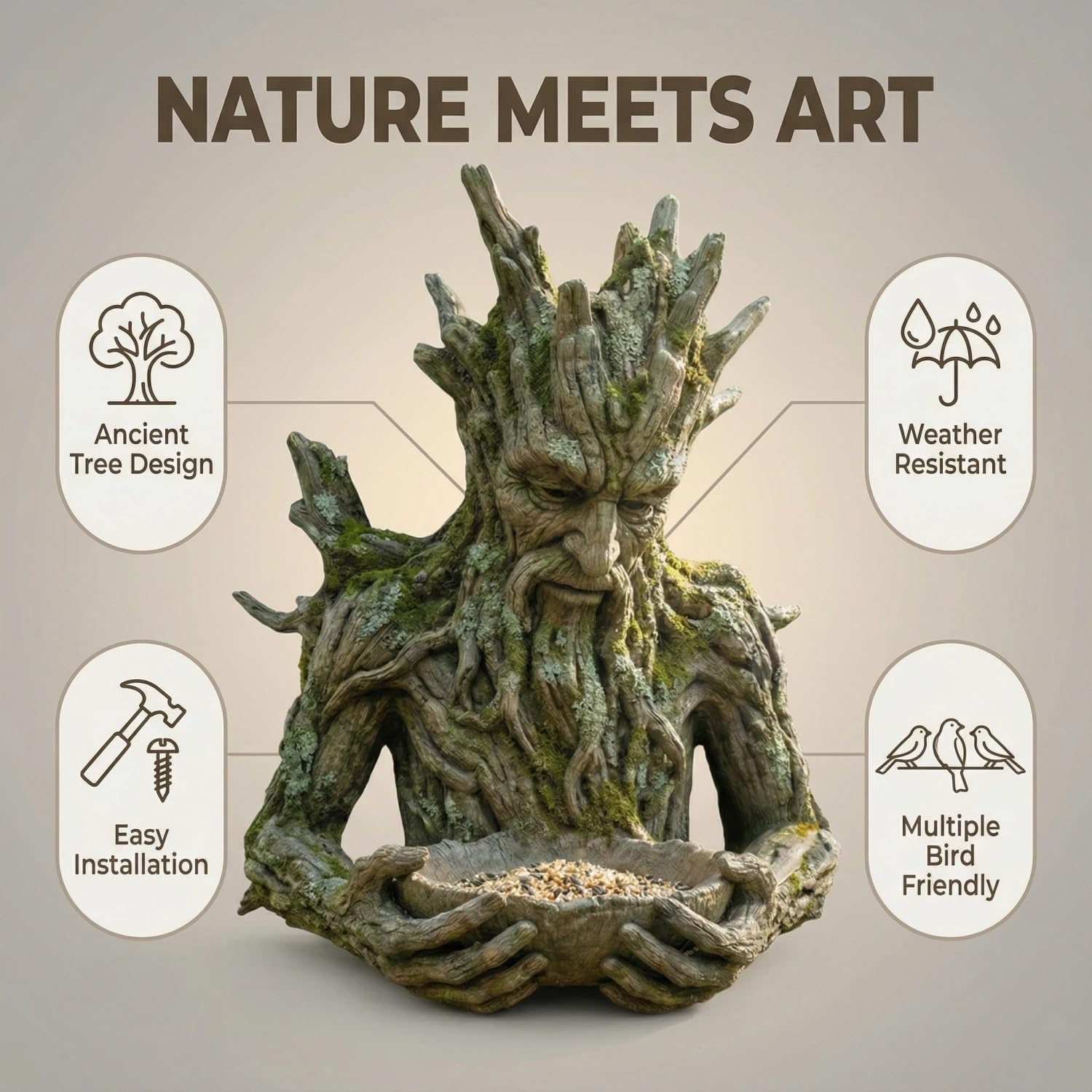🌳 Whispering Grove Tree Spirit Bird Feeder Sculpture - Outdoor Garden Art Decor with Hidden Keyhole Hanger