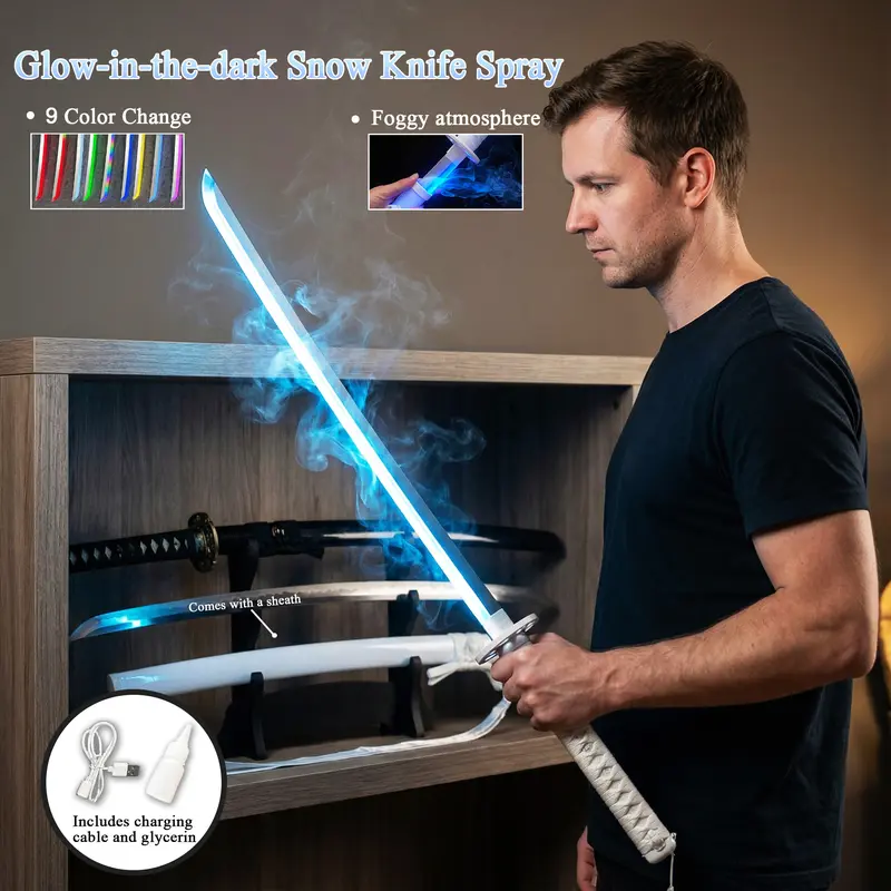 ❄️ LED Fogging Anime Katana Sword Set | Rechargeable Snow Sword with Sheath for Cosplay & Decor