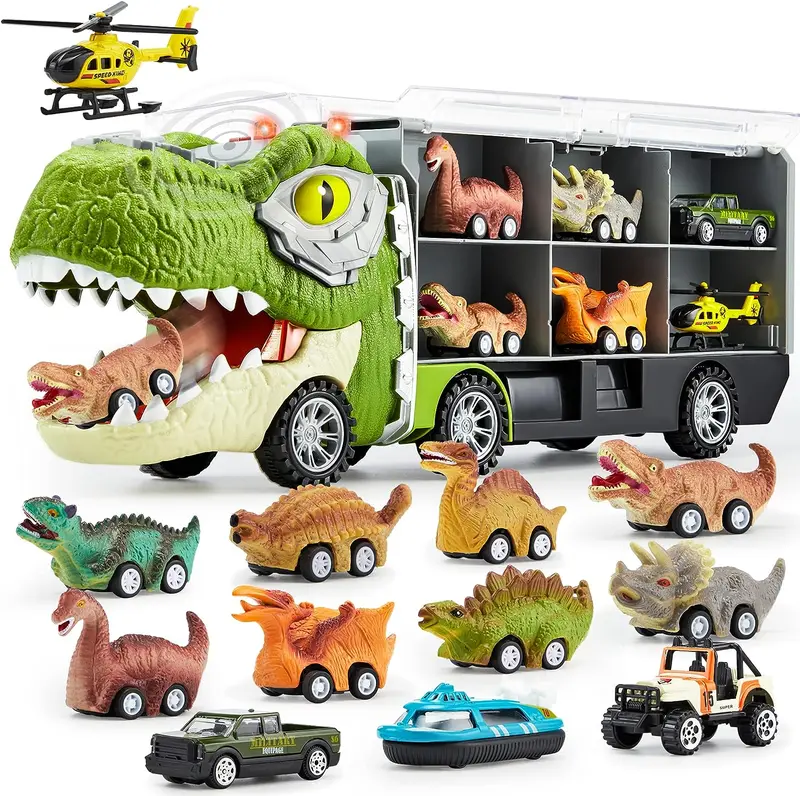 🦕 13-in-1 Dinosaur Transport Truck Set | 12 Pull Back Cars + 3 Alloy Cars for Boys 3+