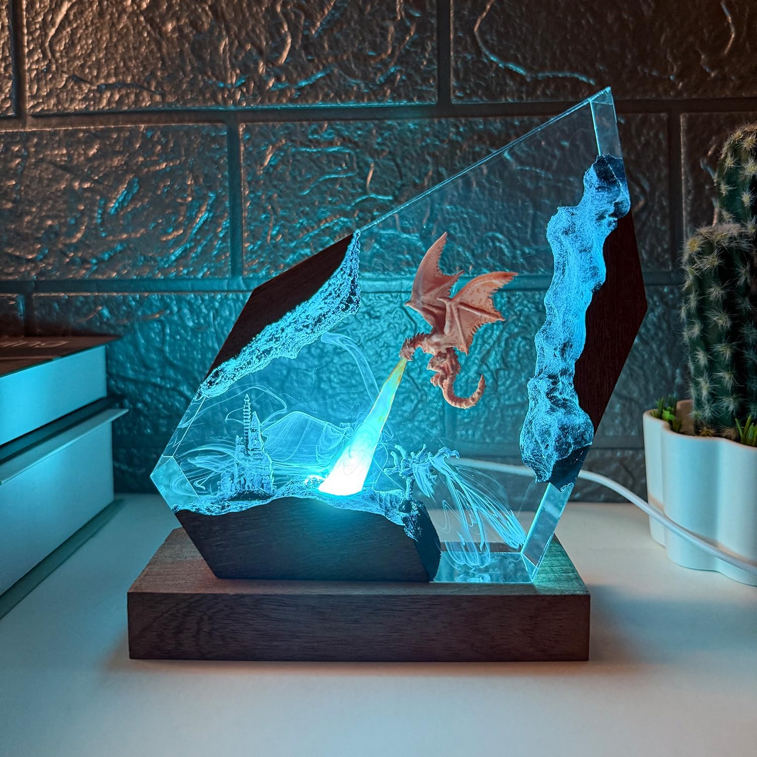 🐉 Dragon Resin Lamp - Amber Flame Glow Wooden Base LED Light