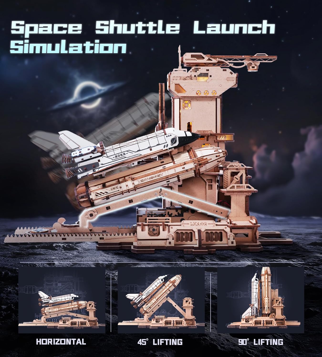 🚀 Space Shuttle 3D Wooden Puzzle - Mechanical Model with LED Lights & Launch Simulation