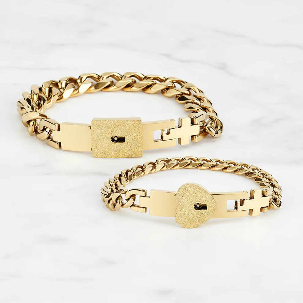 💞 Couple Bracelet Set, 2Pcs Heart Lock & Key Stainless Steel Matching Bracelets, Non-Tarnish Titanium Steel Couple Jewelry Gift
