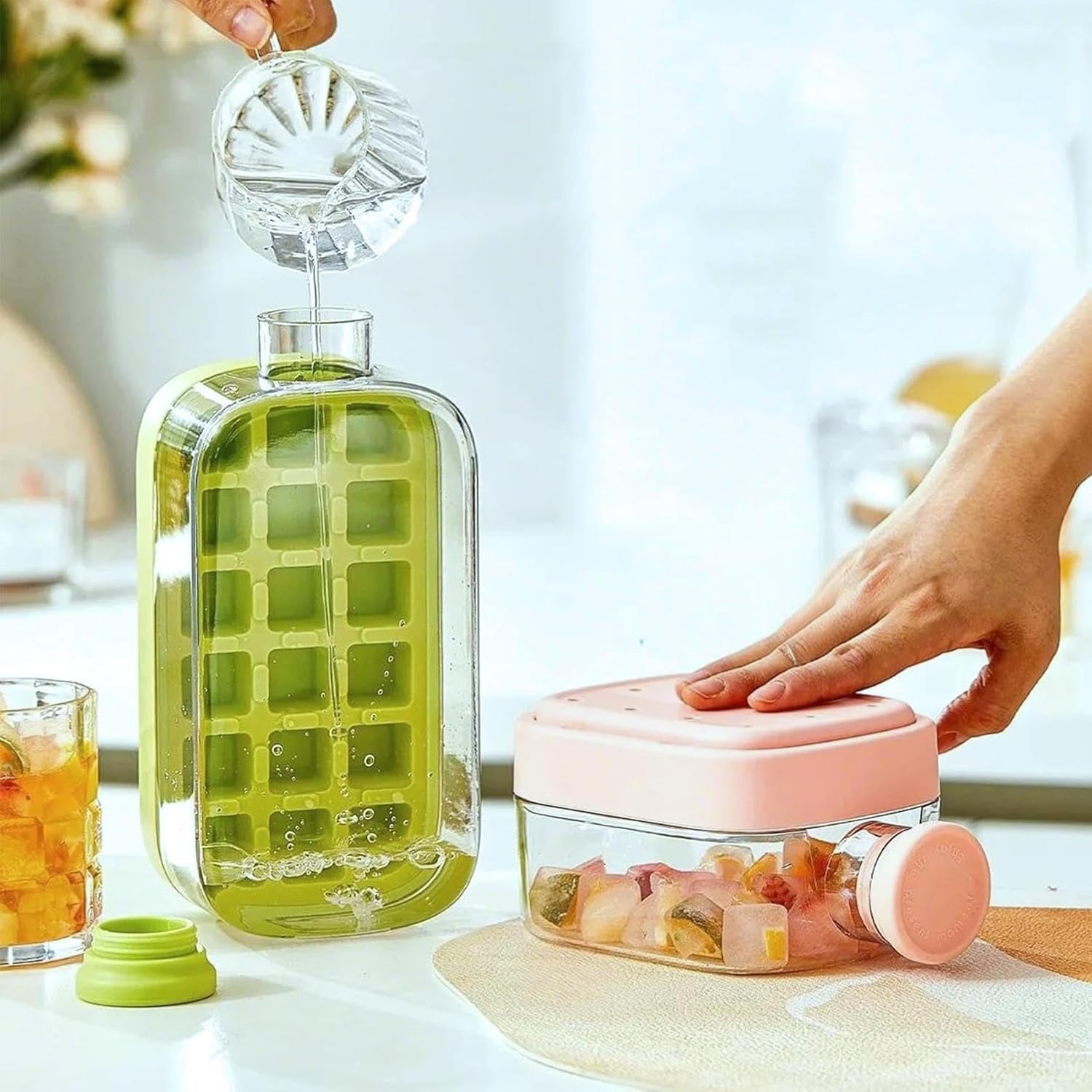 🧊 2-in-1 Ice Cube Water Bottle | No-Touch Ice Tray with Lid & Ice Storage Box, Silicone Press Ice Maker