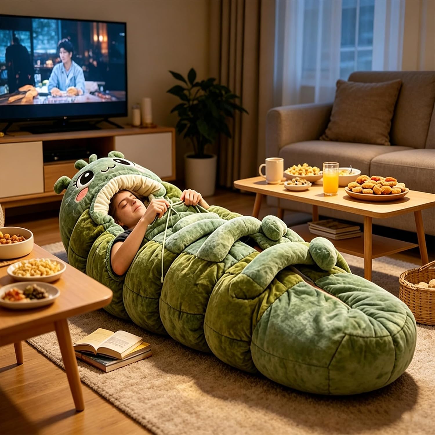 🐛 Caterpillar Plush Sleeping Bag | Cocoon Lounger with Drawstring, Indoor Nap Nest for Adults