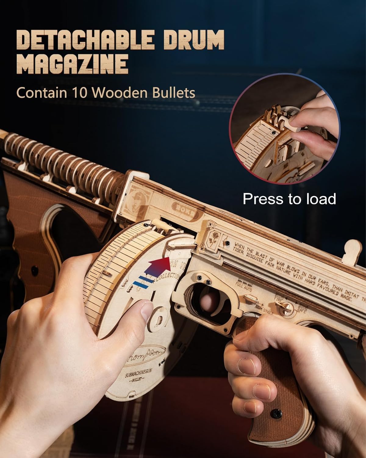 🔫 3D Wooden Puzzle Thompson Submachine Gun - Rubber Band Toy for Adults, Collectible Assembled Model