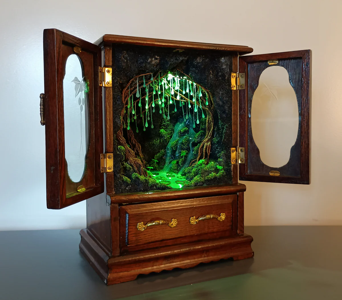 ✨ Glimmering Glade Music Box - Handcrafted Wooden Secret Cave Music Box with LED Lights & Epoxy Waterfall